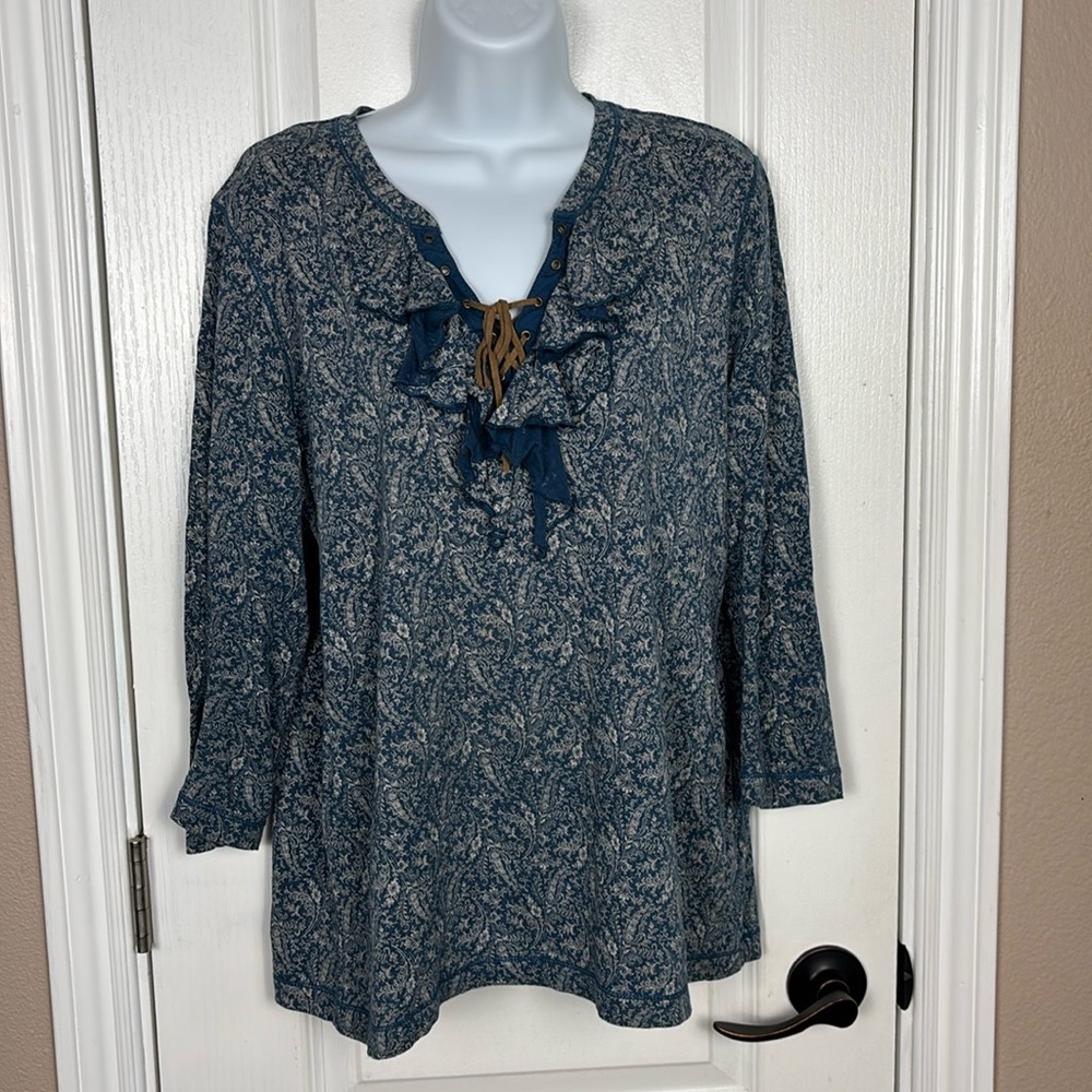 LRL Lauren Jeans Co. Women's Long Sleeve Ruffled V-Neck Boho Western Top Size XL